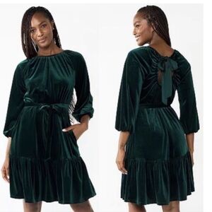 Draper James Womens Green Velvet Party Dress Midi Short Puff Sleeve Holiday XL